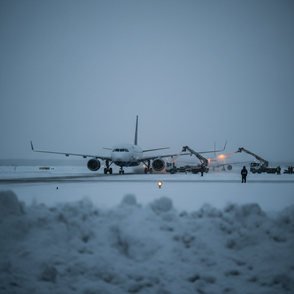 Grounded plane in adverse weather — weather-delay context