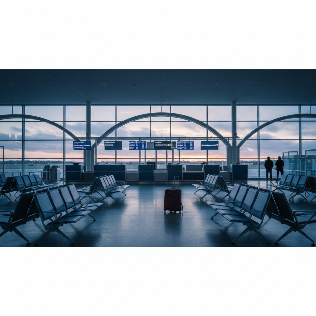 Empty airport gate — cancelled flights from a strike